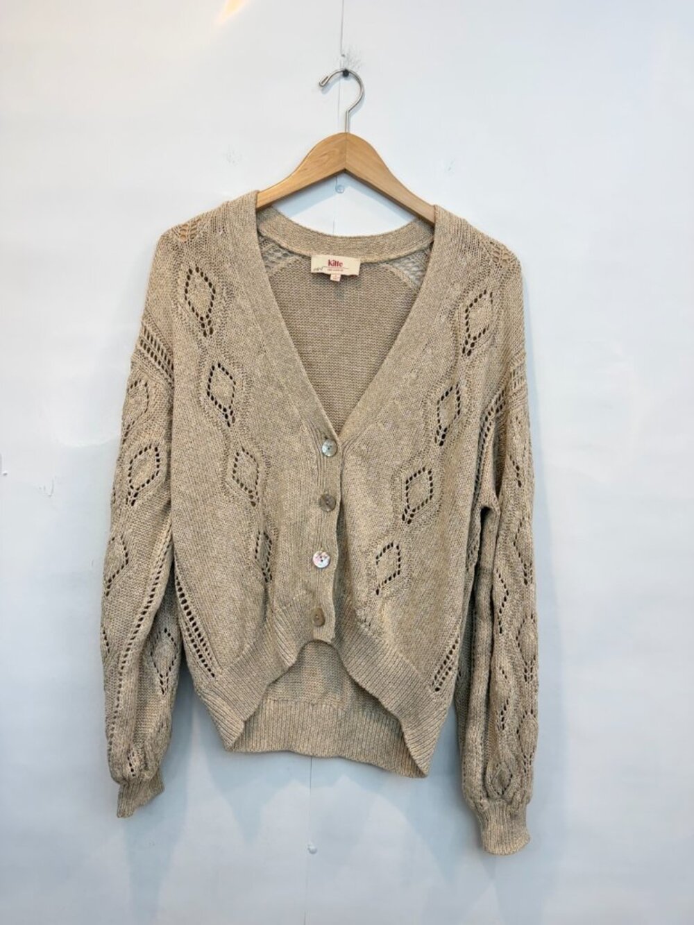Kilte Pointelle Cardigan Sweater Size 2 Medium Tan Beige Cotton Linen Blend